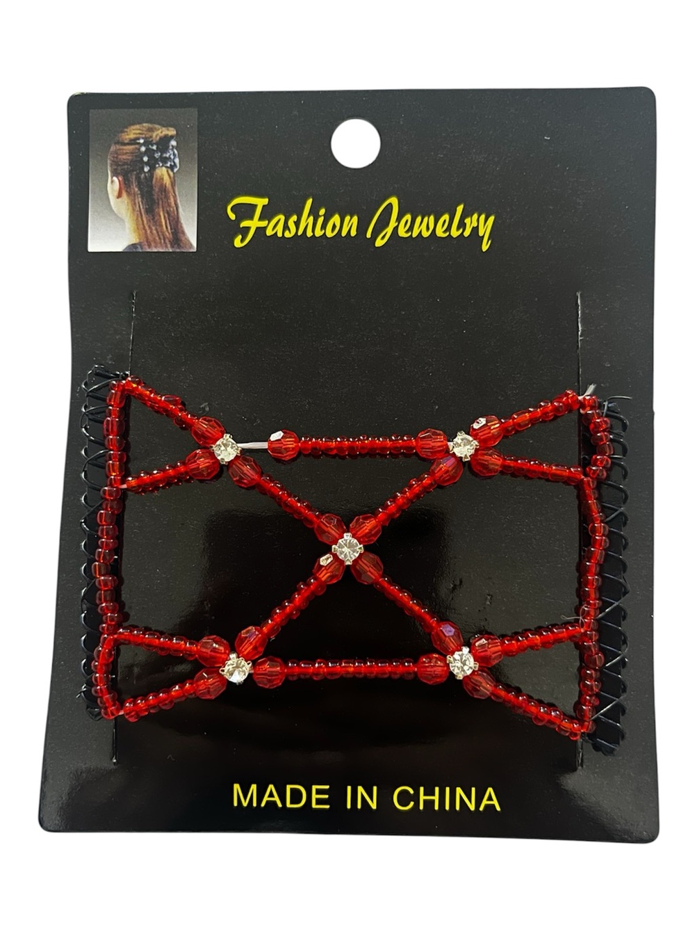 Fashion Jewelry Red Beaded Lattice Hair Clip with Rhinestones